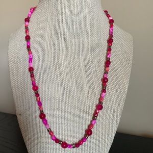 Beautiful Hot Pink Handcrafted Necklace w/ small natural stones NEW 20”+…